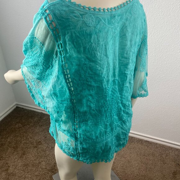 Sapphire Anthropology brand turquoise intricate lace boho top. Sz Large petite. - Picture 8 of 12